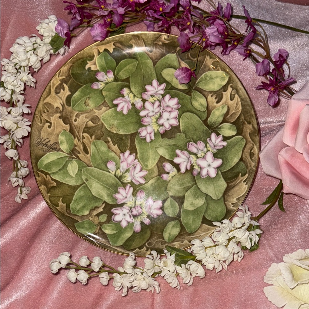 Floral Porcelain Decorative Plate with Green and Pink Accents